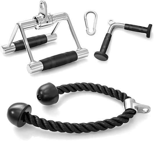 Set di Accessori per Macchine a Cavi, Accessori per LAT Pulldown incl. Barra a V, Corda per Tricipiti e Maniglia a Doppio D, Accessori per Macchine da Allenamento per Casa