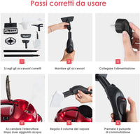 2000W Pulitore a Vapore con 19 Accessori e Serbatoio da 1,5L, Vapore per Tappeti, per Pulizie Profonde Pavimenti Finestre e Macchine (rosso)