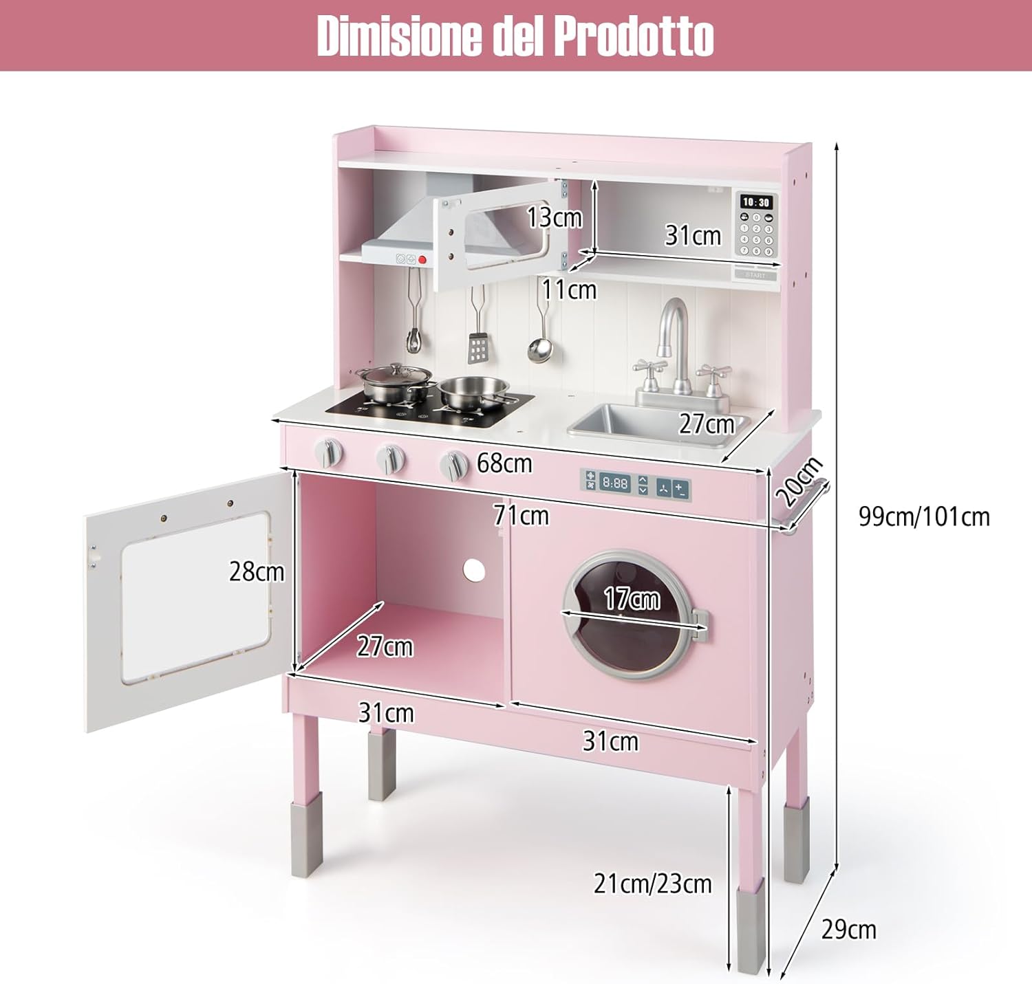 COSTWAYCucina Giocattolo con Cappa e Lavatrice, Cucina Giocattolo con Accessori Adorabili Suoni e Luci Reali, Set Cucina Chef in Legno per Bambini, Regalo per Età 3+ Rosa