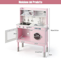 COSTWAYCucina Giocattolo con Cappa e Lavatrice, Cucina Giocattolo con Accessori Adorabili Suoni e Luci Reali, Set Cucina Chef in Legno per Bambini, Regalo per Età 3+ Rosa