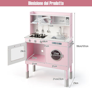 COSTWAYCucina Giocattolo con Cappa e Lavatrice, Cucina Giocattolo con Accessori Adorabili Suoni e Luci Reali, Set Cucina Chef in Legno per Bambini, Regalo per Età 3+ Rosa