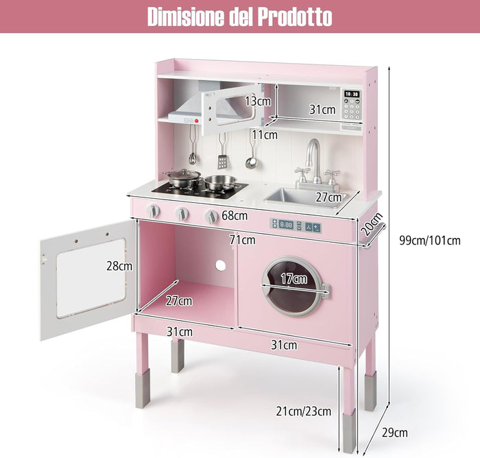 COSTWAYCucina Giocattolo con Cappa e Lavatrice, Cucina Giocattolo con Accessori Adorabili Suoni e Luci Reali, Set Cucina Chef in Legno per Bambini, Regalo per Età 3+ Rosa