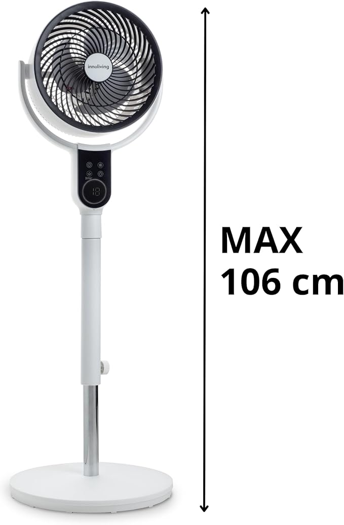 Innoliving Ventilatore a Piantana Digitale High Tech INN-533, Slim Design, Display Touch, Telecomando, Oscillazione 3D, Timer 12h, 3-12 Velocità, 50W, Ventilazione Potente fino a 5m