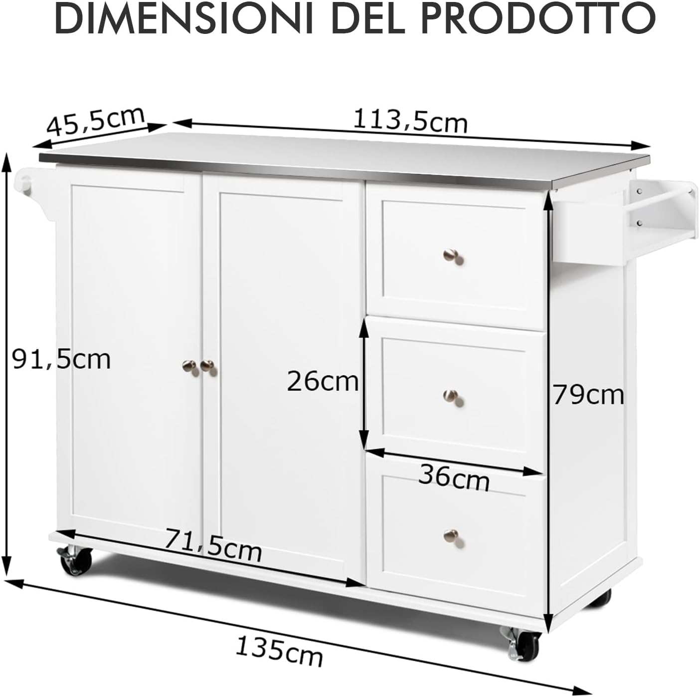 Carrello da Cucina, Isola da Cucina con Piano in Acciaio Inox, 3 Cassetti e Armadietto a 2 Ante, Ripiani Regolabili e Portasciugamani e Portaspezie, 135x45,5x 91,5 cm (Bianco)