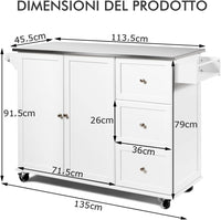 Carrello da Cucina, Isola da Cucina con Piano in Acciaio Inox, 3 Cassetti e Armadietto a 2 Ante, Ripiani Regolabili e Portasciugamani e Portaspezie, 135x45,5x 91,5 cm (Bianco)