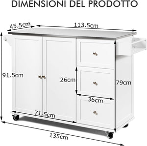 Carrello da Cucina, Isola da Cucina con Piano in Acciaio Inox, 3 Cassetti e Armadietto a 2 Ante, Ripiani Regolabili e Portasciugamani e Portaspezie, 135x45,5x 91,5 cm (Bianco)