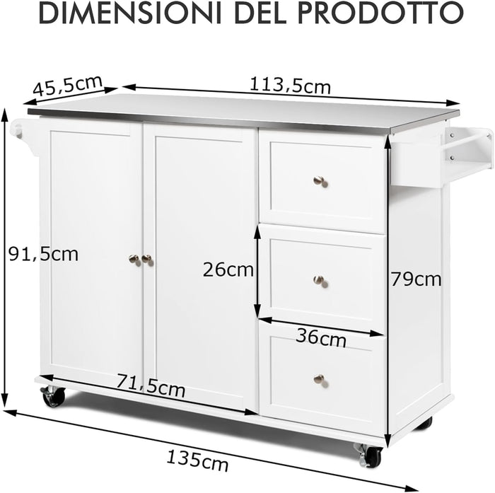 Carrello da Cucina, Isola da Cucina con Piano in Acciaio Inox, 3 Cassetti e Armadietto a 2 Ante, Ripiani Regolabili e Portasciugamani e Portaspezie, 135x45,5x 91,5 cm (Bianco)
