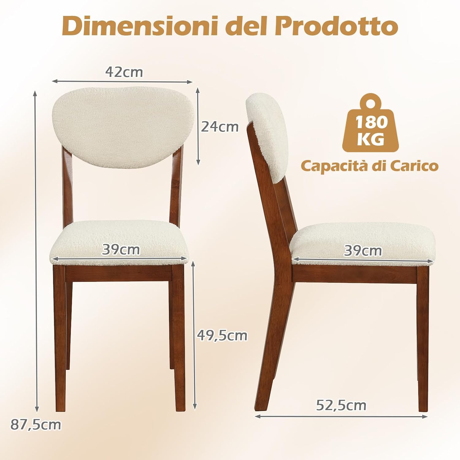 Set da 2 Sedie da Pranzo, Sedie Moderne Senza Braccioli con Gambe in Legno di Gomma, Seduta e Schienale Imbottiti, per Soggiorno, Sala da Pranzo e Ristorante, Portata 180 kg