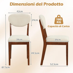 Set da 2 Sedie da Pranzo, Sedie Moderne Senza Braccioli con Gambe in Legno di Gomma, Seduta e Schienale Imbottiti, per Soggiorno, Sala da Pranzo e Ristorante, Portata 180 kg