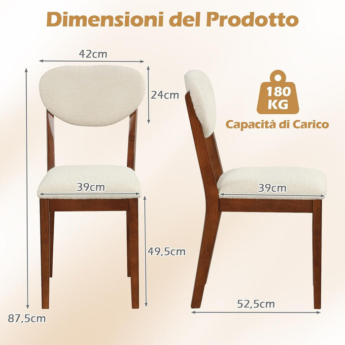 Set da 2 Sedie da Pranzo, Sedie Moderne Senza Braccioli con Gambe in Legno di Gomma, Seduta e Schienale Imbottiti, per Soggiorno, Sala da Pranzo e Ristorante, Portata 180 kg