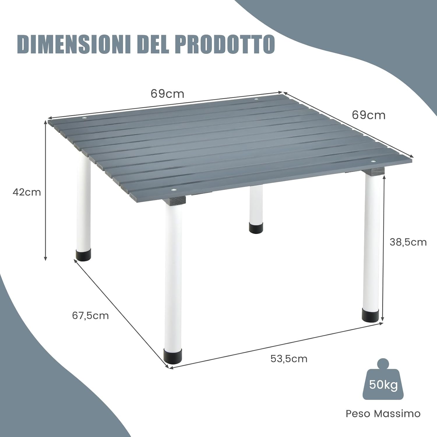 Tavolo da Campeggio Pieghevole per Esterni, Tavolo Picnic in Legno con Borsa Portatile, Tavolo da Campeggio Multifunzione per Spiaggia, Picnic, Pesca, Barbecue, 69 x 69 x 42 cm (Grigio)
