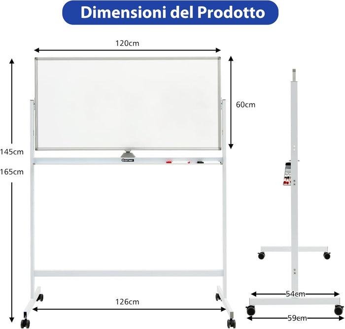Lavagna Bianca Magnetica Doppia, Design Regolabile in Altezza con Ruote Bloccabili, 6 Pennarelli, 12 Calamite e 1 Cancellino, Ideale per Casa Ufficio e Scuola, 126 x 59 x 145/165 cm, Bianco