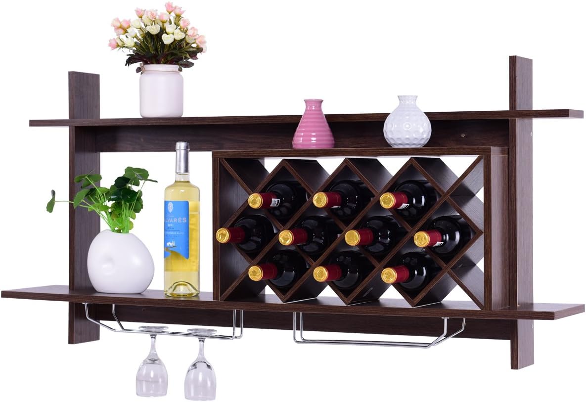 Mensola per Vino da Parete, Scaffale da Parete per Vino con Ripiani, Portabottiglie da Parete in Legno (Nero)