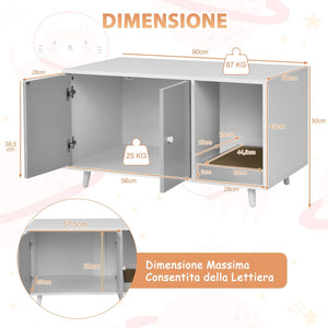 Mobile per Lettiera per Gatti 90 x 50 x 50 cm, Cassetta Igienica per Gatti con Doppia Anta, Divisore, Ingresso Avvolgibile, Tiragraffi e Gambe di Metallo Solido (Grigio)