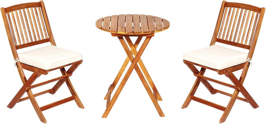 Set Tavolo e Sedie da Giardino, Set Mobili da Giardino Pieghevoli 3 Pezzi in Legno di Acacia, con Cuscini, Arredo Giardino per Giardino Terrazzo Balcone (Cuscini Beige)