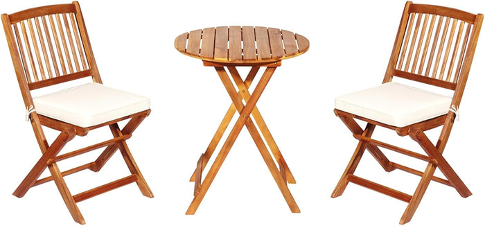 Set Tavolo e Sedie da Giardino, Set Mobili da Giardino Pieghevoli 3 Pezzi in Legno di Acacia, con Cuscini, Arredo Giardino per Giardino Terrazzo Balcone (Cuscini Beige)