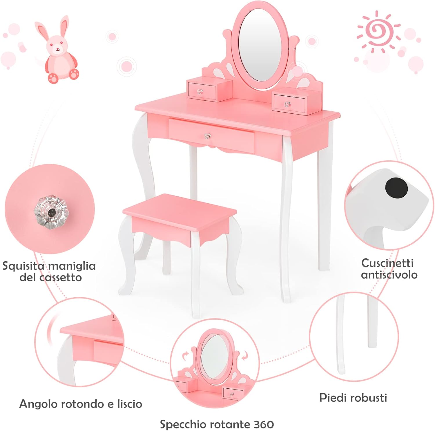 Toeletta Trucco con Sgabello per Bambini, Toeletta Trucco Bambina con Specchio Girevole a 360° e 3 Cassetti, 2-in-1 Postazione Trucco, 3+ Anni (Rosa)