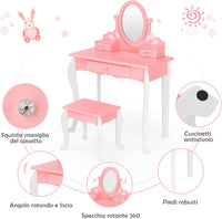 Toeletta Trucco con Sgabello per Bambini, Toeletta Trucco Bambina con Specchio Girevole a 360° e 3 Cassetti, 2-in-1 Postazione Trucco, 3+ Anni (Rosa)
