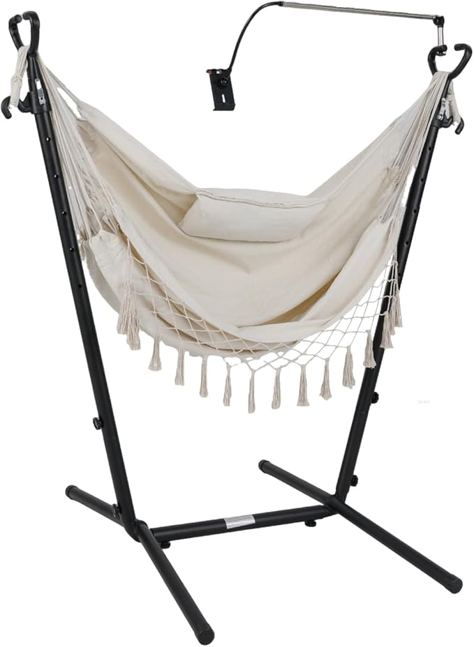 Amaca Sospesa da Terra con Supporto in Metallo 152x107x96-146CM, Altezza Regolabile, Porta Cellulare & Tascone Laterale, per Interni/Esterni, Capacità 250 KG (GRIGIO)