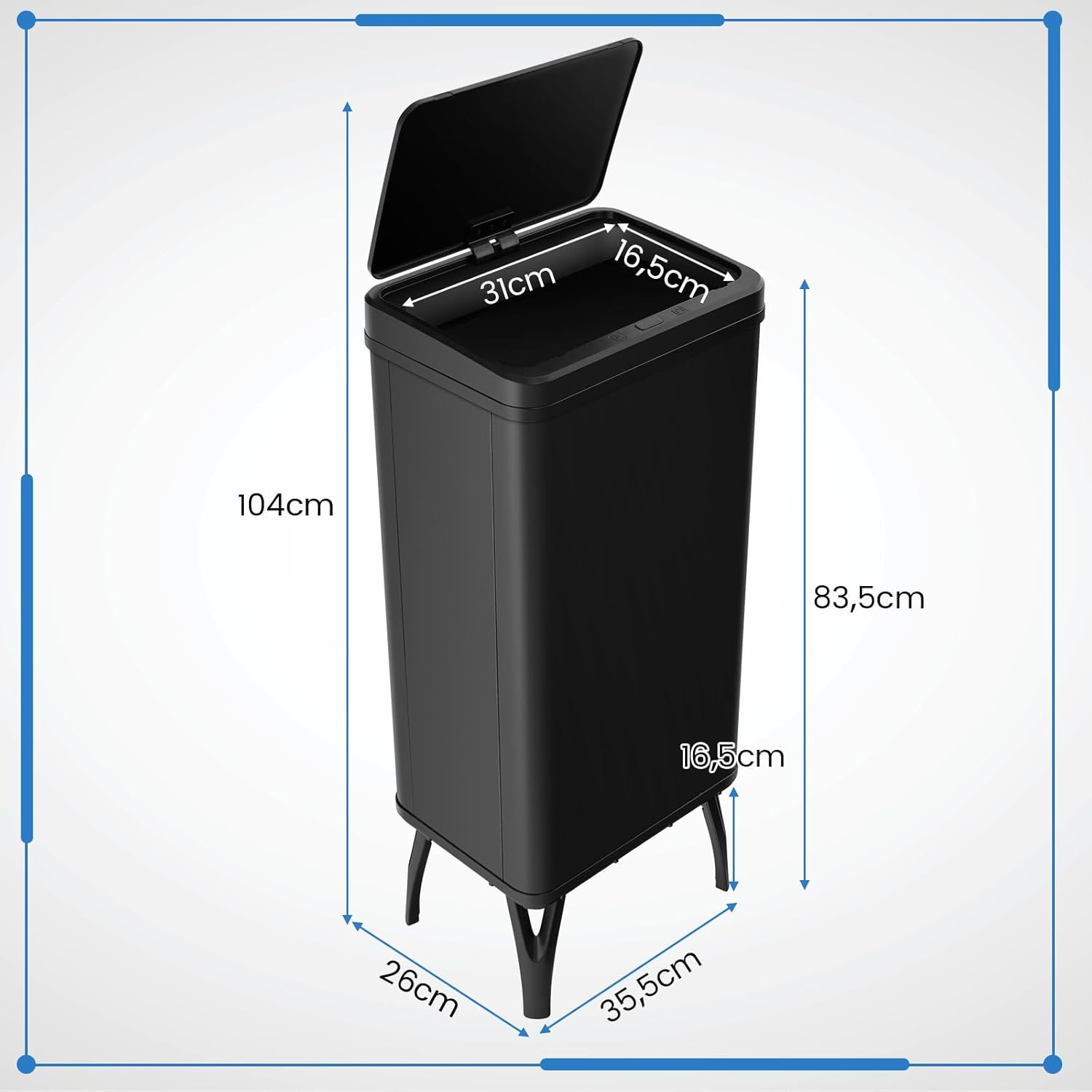 Bidone per Spazzatura in Acciaio Inossidabile 50L, Cestino per Spazzatura Automatico con Sensore di Movimento e Coperchio Rimovibile, con Gambe Staccabili per Cucina Ufficio (Nero)