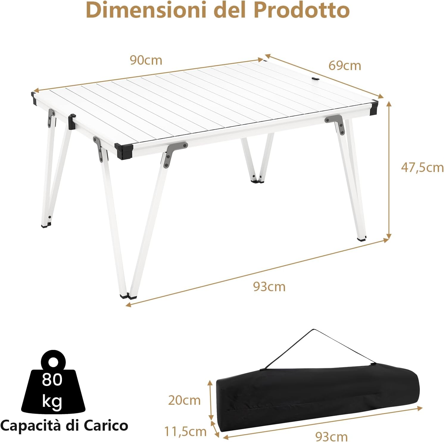 Tavolo da Campeggio Pieghevole, Tavolo da Picnic con Borsa Trasporto e Piano Impermeabile, con Struttura in Alluminio, per Giardino Campeggio, Portata 80 kg (Argenteo)