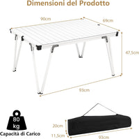 Tavolo da Campeggio Pieghevole, Tavolo da Picnic con Borsa Trasporto e Piano Impermeabile, con Struttura in Alluminio, per Giardino Campeggio, Portata 80 kg (Argenteo)