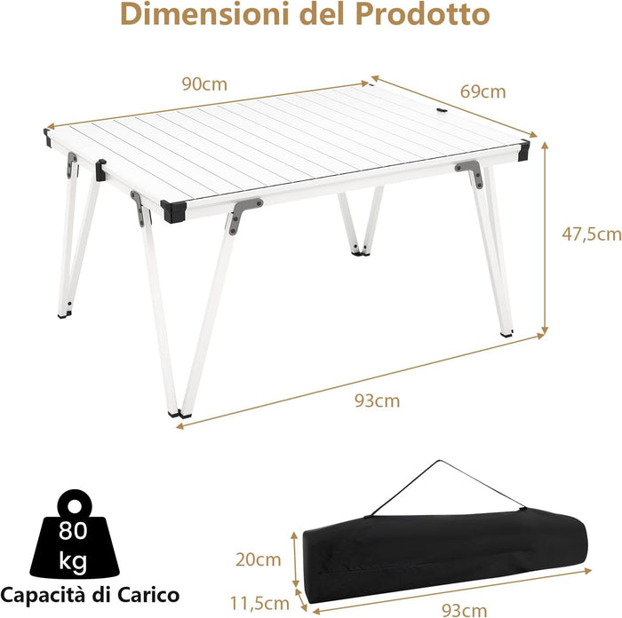 Tavolo da Campeggio Pieghevole, Tavolo da Picnic con Borsa Trasporto e Piano Impermeabile, con Struttura in Alluminio, per Giardino Campeggio, Portata 80 kg (Argenteo)