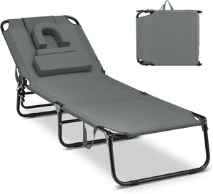 Lettino Prendisole con Foro per Viso, Sdraio da Spiaggia Pieghevole con Cuscini, Schienale Regolabile in 5 Posizioni, Lettino Portatile Portata 160 kg, 63 x 194 x 37 cm (Grigio)