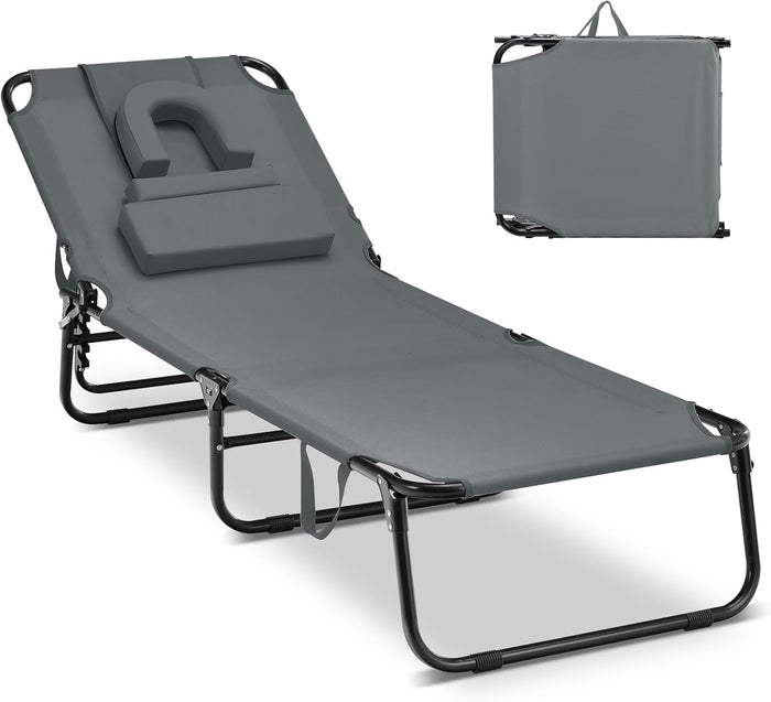 Lettino Prendisole con Foro per Viso, Sdraio da Spiaggia Pieghevole con Cuscini, Schienale Regolabile in 5 Posizioni, Lettino Portatile Portata 160 kg, 63 x 194 x 37 cm (Grigio)