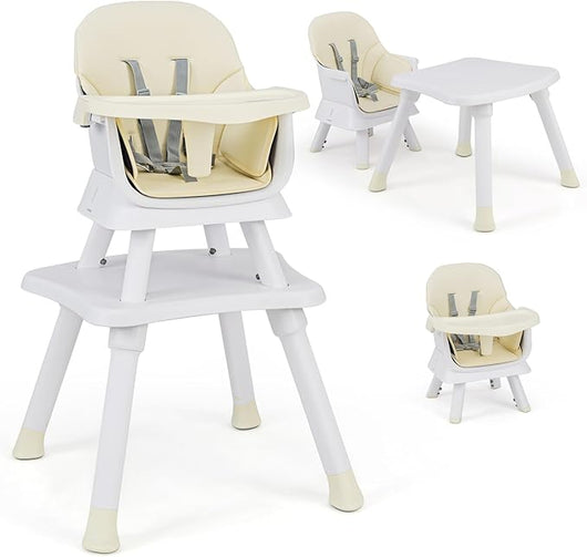 Seggiolone Pappa per Bambini 6 in 1, Seggiolone per Neonati Convertibile, Tavolo per Costruzioni per Bambini, con Imbracatura a 5 Punti, per Bambini da 6 Mesi fino 3 Anni (Beige+Bianco)