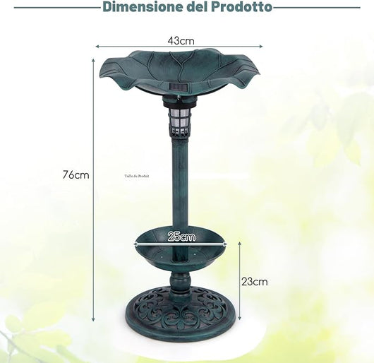 Mangiatoia per Uccelli Solare da Esterno, Bagno per Uccelli con Piedistallo e Ciotola a Forma di Foglia di Loto, Fioriera, Lampada Solare, Decorazione Vintage (Bronzo,43 x 43 x 76 cm)