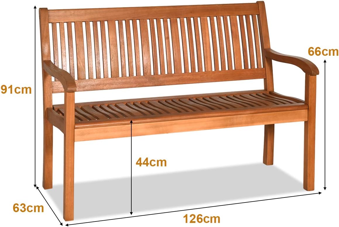 Panchina da Giardino in Legno, Panca per 2 Persone, Schienale Ergonomico, per Cortile Veranda Piscina Balcone, 126 x 63 x 91 cm