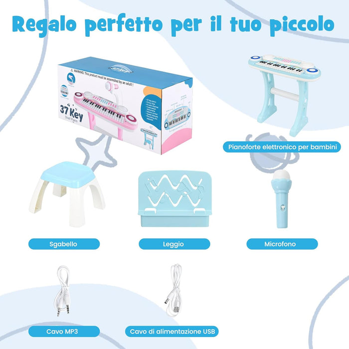 Tastiera Pianoforte a 37 Tasti per Bambini, Piano Elettronico per Bambini con Microfono, Sgabello e Supporto per Spartiti, 8 Ritmi e 8 Strumenti, per Bambini 18+ Mesi (Blu)