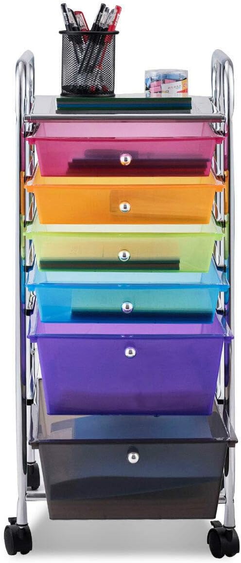 Carrello con 6 Cassetti e Ruote, Cassettiera in Plastica, con Due Dimensioni di Cassetti, Contenitore Multiuso per Casa Bagno e Ufficio, 37 x 74 x 32cm (Colorato)