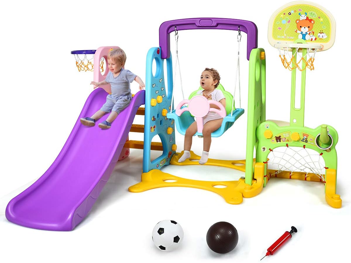 Parco Giochi 6 in 1 Multi Giochi da Giardino, con Altalena e Scivolo, Pallacanestro e Porta da Calcio, per Bambini