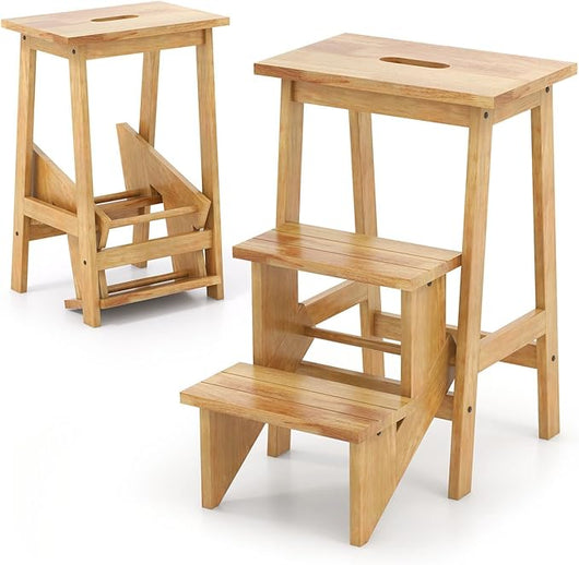 Scaletta Pieghevole, 3 in 1 Scaletta e Sgabello in Legno Multifunzione, 3 Gradini, Maniglia Comoda, Portatile e Leggera, Ideale per Studio, Soggiorno e Garage (Naturale)