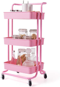 Carrello con 3 Cesti e Maniglia, Carrello Multifunzione con Ruote, Carrellino di Stoccaggio per Bagno Cucina e Ufficio, 87 x 35 x 42 cm (Rosa)