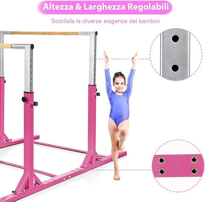 Parallele Doppie per Ginnastica, Sbarre Orizzontali Doppie con Larghezza Regolabile e 11 Altezze, capacità di Carico di 100 kg, Sbarre di Allenamento per Bambini 6-12 Anni