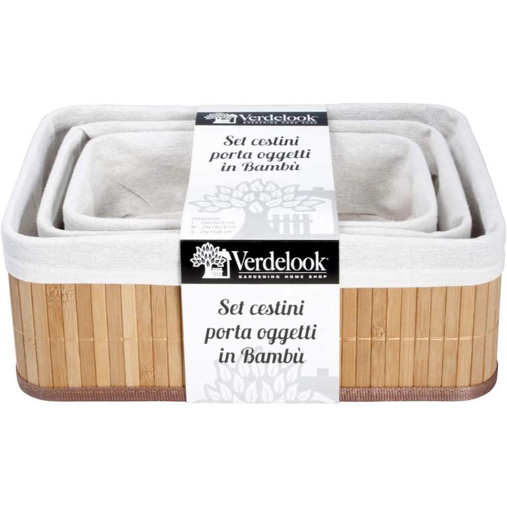 SET 3 CESTINI PORTA OGGETTI IN BAMBU' FODERA INTERNA RETTANGOLARI VERDELOOK 12/111