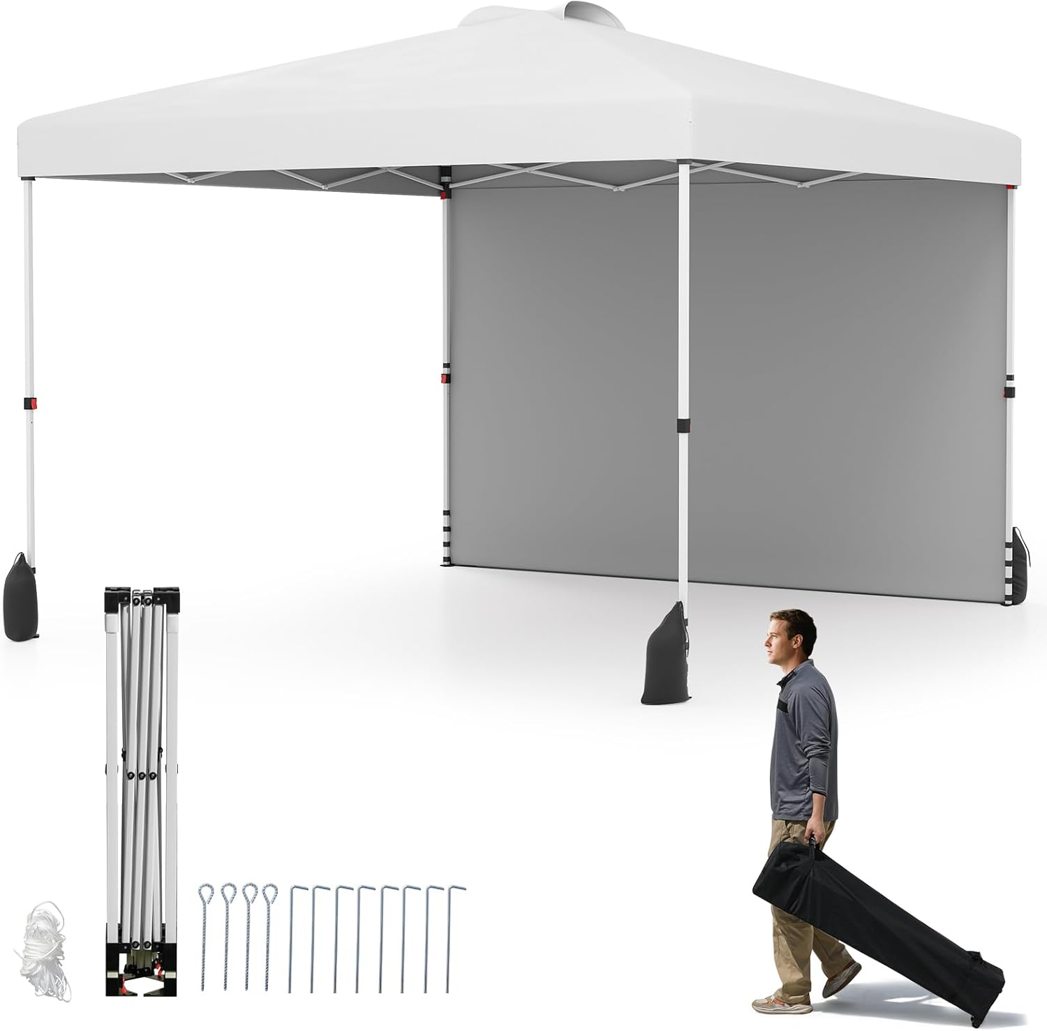 Gazebo Pieghevole 3 x 3 m, Gazebo da Esterno con Borsa con Ruote, Picchetti, Ancoraggi, Corde del Vento, Sacchi di Sabbia e Copertura Ventilata, Tendone Impermeabile per Feste (Bianco)
