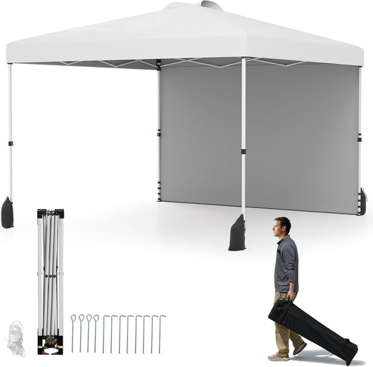 Gazebo Pieghevole 3 x 3 m, Gazebo da Esterno con Borsa con Ruote, Picchetti, Ancoraggi, Corde del Vento, Sacchi di Sabbia e Copertura Ventilata, Tendone Impermeabile per Feste (Bianco)