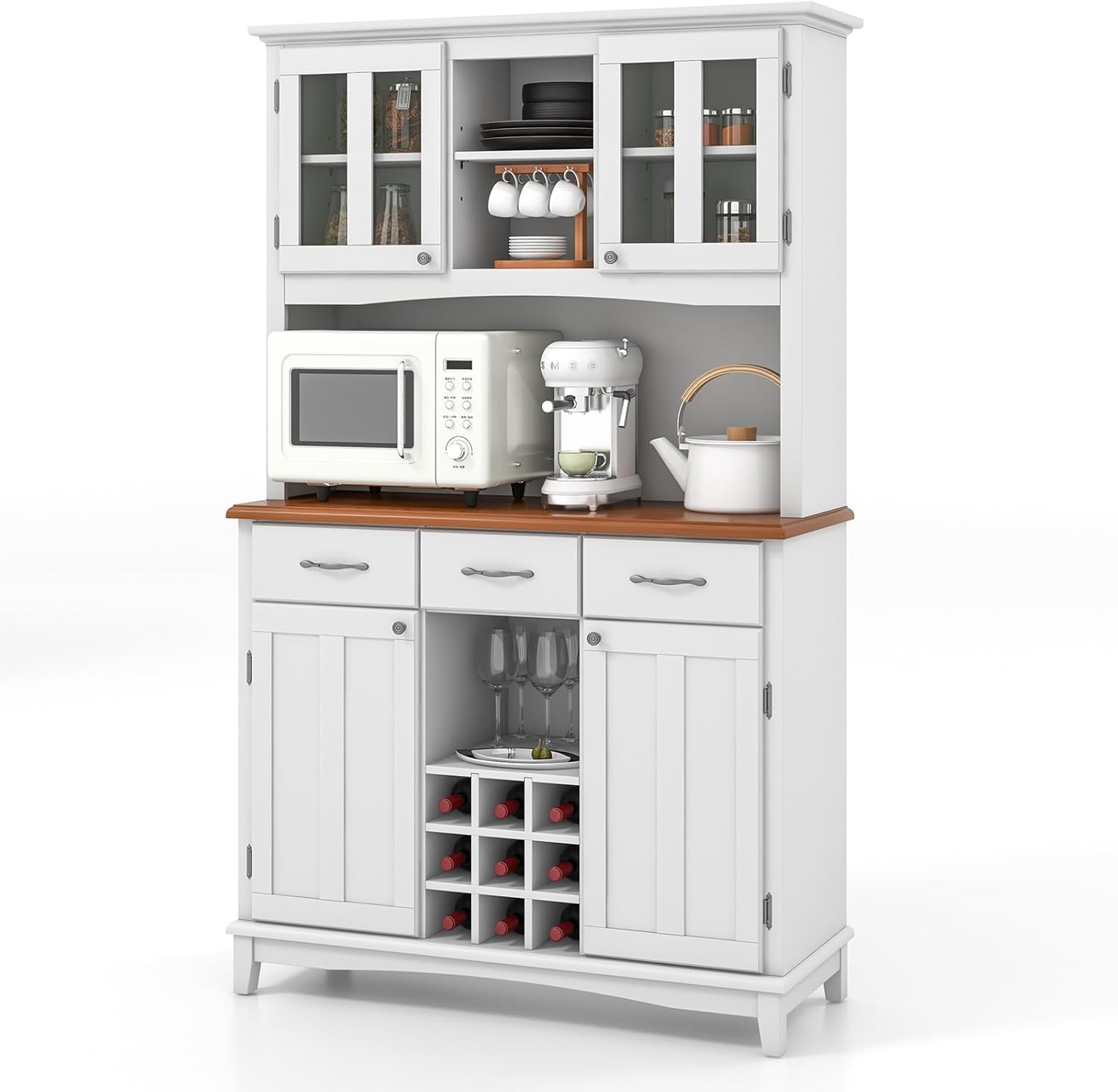 Credenza da Cucina, Armadietto Dispensa da Cucina Alto con Ante in Vetro Temperato, Portabottiglie, Ripiani Regolabili, Mobile Moderno per Cucina con 3 Cassetti e Ripiani Aperti (Bianco)