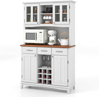 Credenza da Cucina, Armadietto Dispensa da Cucina Alto con Ante in Vetro Temperato, Portabottiglie, Ripiani Regolabili, Mobile Moderno per Cucina con 3 Cassetti e Ripiani Aperti (Bianco)