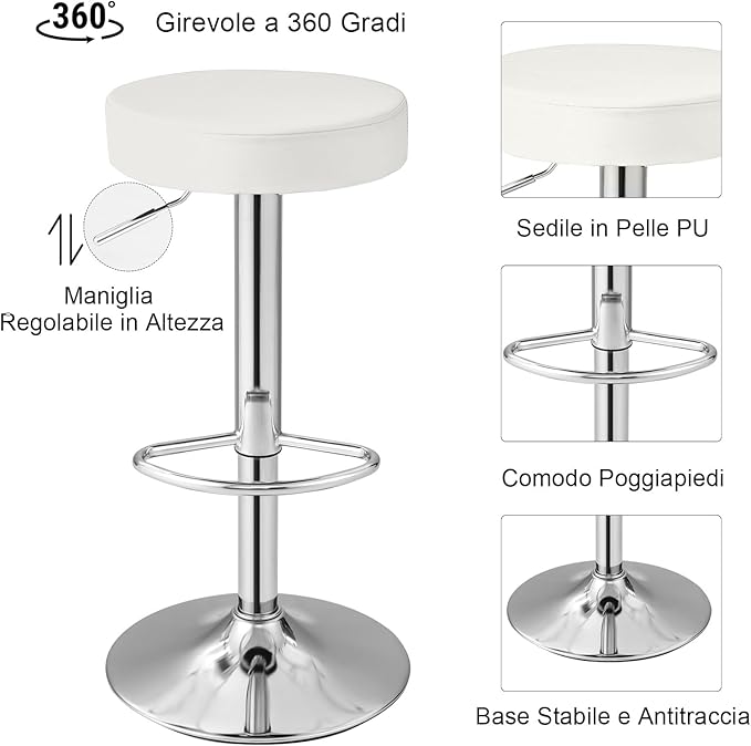 2 Sgabelli Regolabile in Altezza in Finta Pelle 63-84,5 cm, Sgabello Cucina Girevole con Poggiapiedi e Base Antiscivolo, Sedia Portata 115 kg per Sala da Pranzo e Penisola Cucina