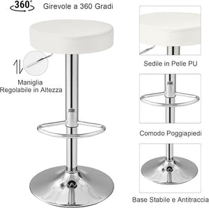 2 Sgabelli Regolabile in Altezza in Finta Pelle 63-84,5 cm, Sgabello Cucina Girevole con Poggiapiedi e Base Antiscivolo, Sedia Portata 115 kg per Sala da Pranzo e Penisola Cucina