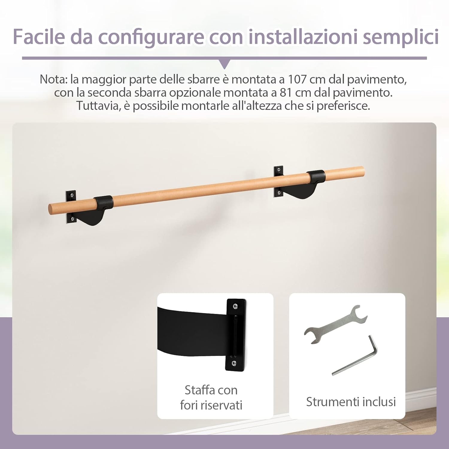 Sbarra Danza Classica da Parete, Barra per Balletto Singola, Idelae per Yoga, Stretching, Allenamento e Pose di Balletto, 120 x 15,5 x 31 cm