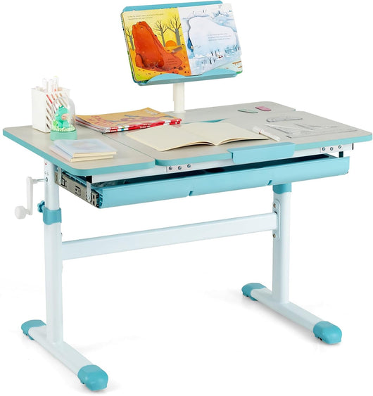 Scrivania per Bambini, Tavolo per Studenti con Regolabile in Altezza, con Piano Ribaltabile, Libreria, Cassetti e Righello di Misurazione, Ergonomica, Ideale per Bambini 3-12 Anni (Blue)