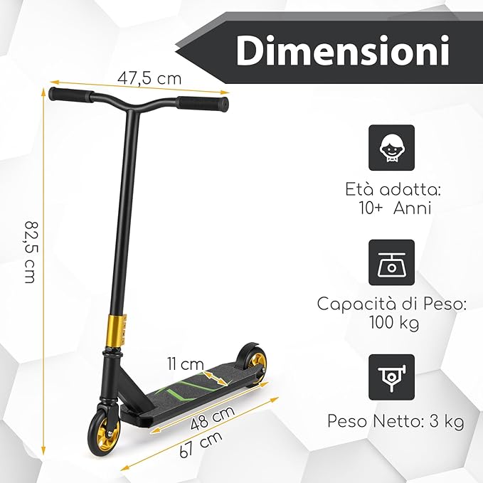 Scooter Acrobatico per Bambini, Monopattino Freestyle con 2 Ruote PU e Ampia Pedana in Alluminio, Scooter Pro per Trucchi Leggero da Strada per Bambini 10+ Anni, Carico 100 KG