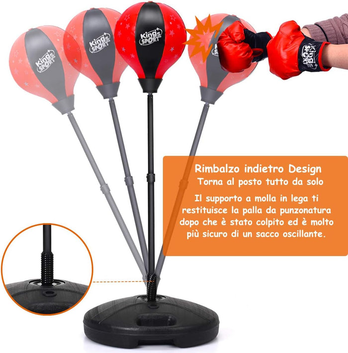 Sacco da Boxe per Bambini Altezza Regolabile, Punching Ball per Bambini con Guantoni, Palla di Pugilato da Terra con Base Stabile Riempibile con Acqua o Sabbia, Rosso