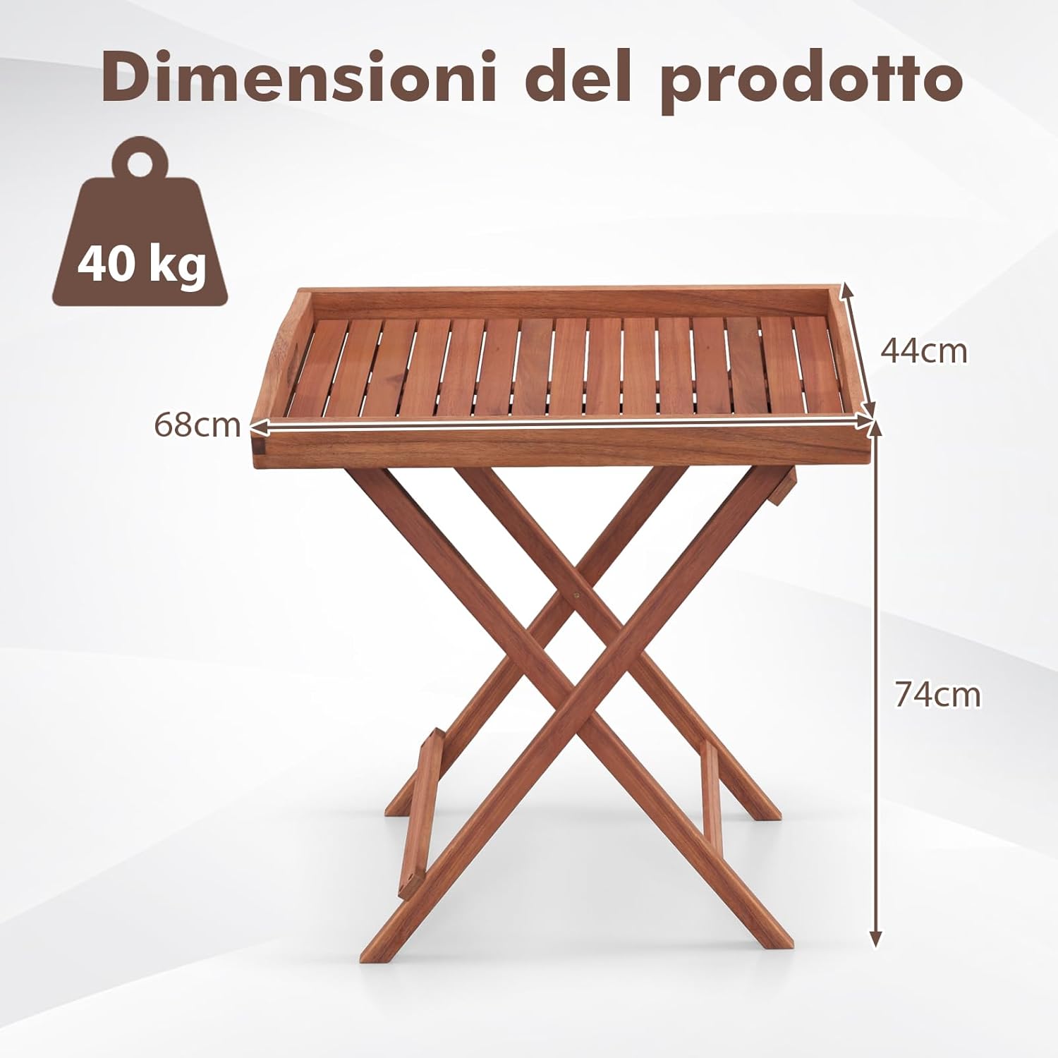 Tavolino Laterale da Giardino in Legno di a Acacia, Tavolino Pieghevole con Vassoio Rimovibile e Struttura a X, Tavolino da Tè per Interni ed Esterni, Portata 40 kg, 68 x 44 x 74 cm